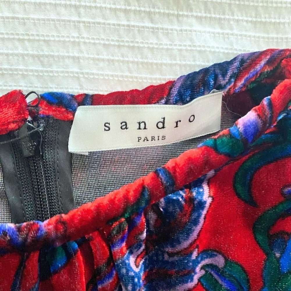 SANDRO PARIS RED BLUE GREEN FLORAL VELVET LONG TEE PULLOVER TOP - S (SIZE 1) - Picture 8 of 12